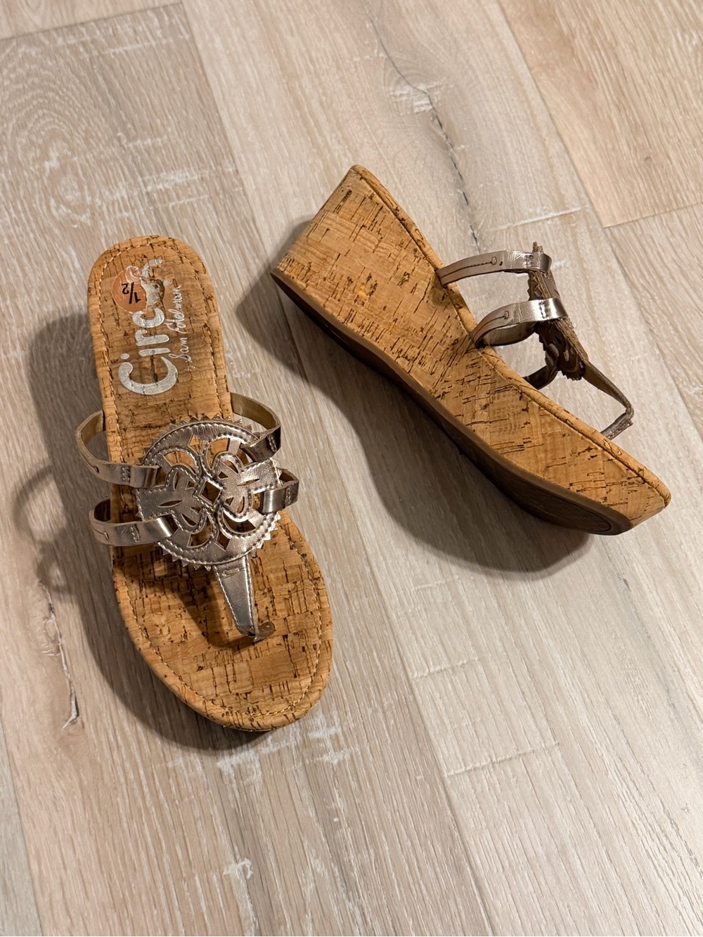 Circus by Sam Edelman Metallic Silver Cork Wedge Sandals Women Size 7 1/2